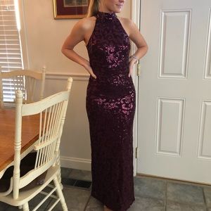 Purple Sequin Fitted Halter Prom Dress Gown Slit